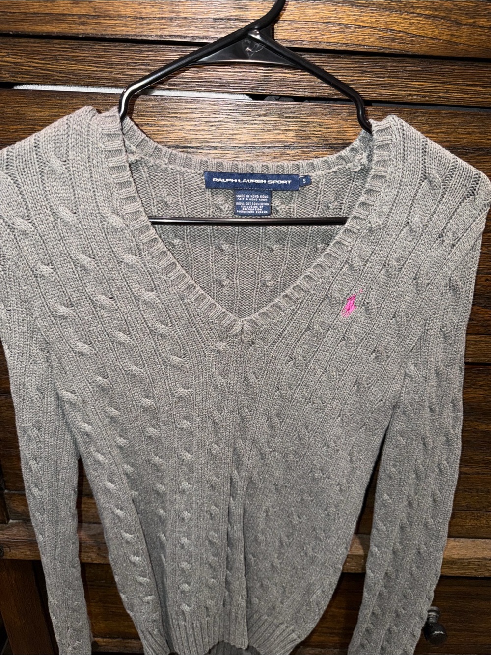 Ralph Lauren Gray Cable-Knit V-Neck Sweater with Pink Pony